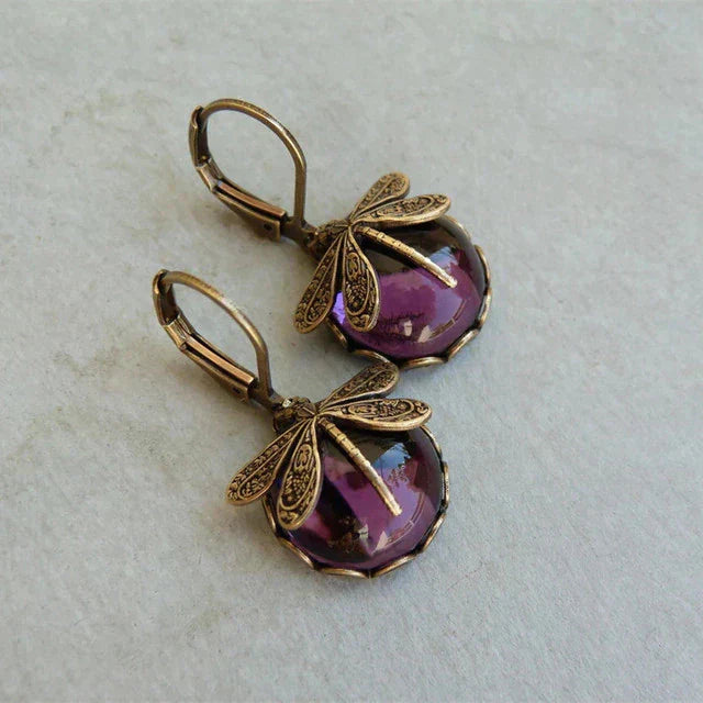 Round Dragonfly Earrings in Vintage Gold