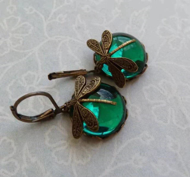 Round Dragonfly Earrings in Vintage Gold