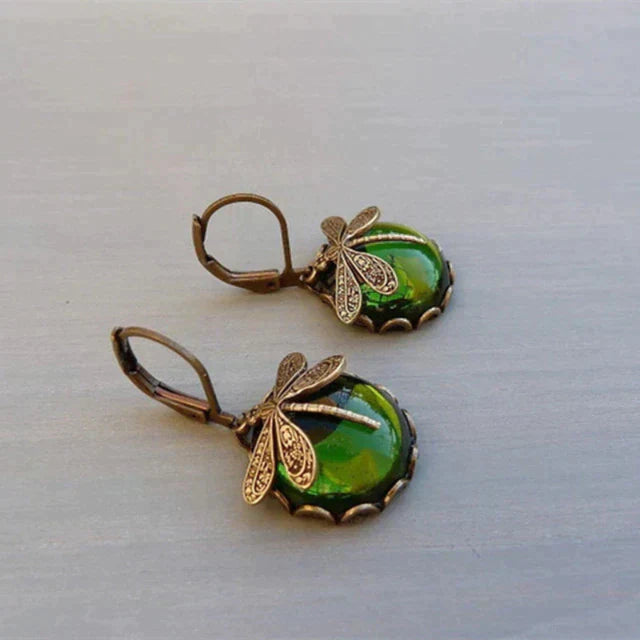 Round Dragonfly Earrings in Vintage Gold