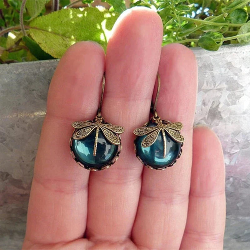 Round Dragonfly Earrings in Vintage Gold