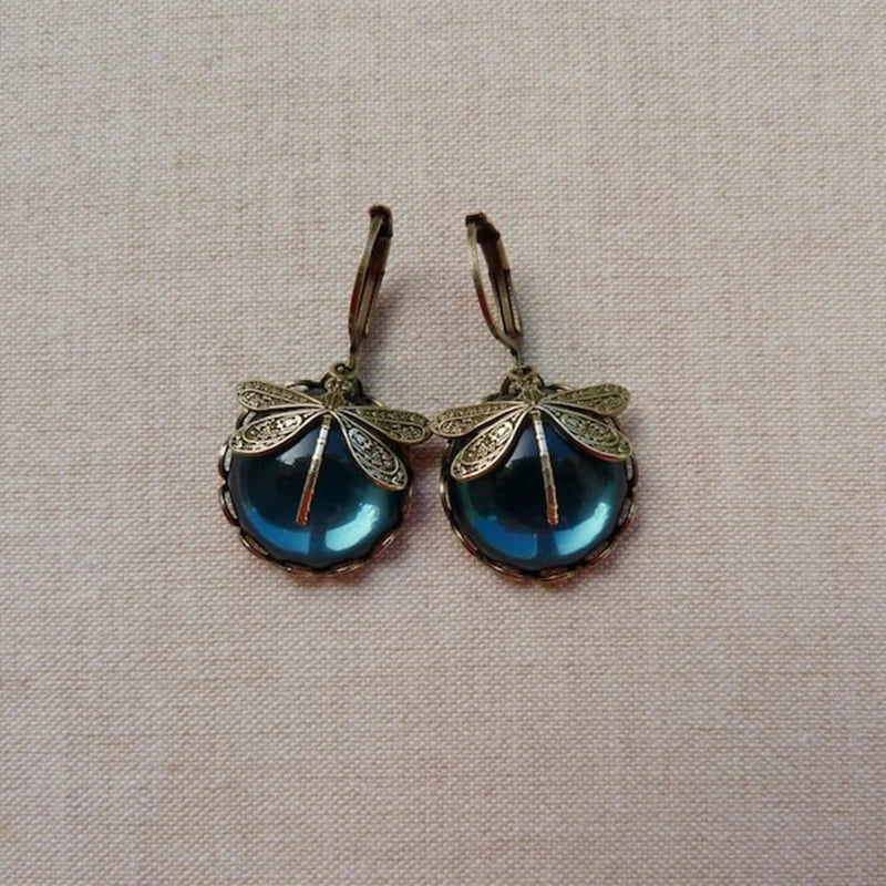 Round Dragonfly Earrings in Vintage Gold