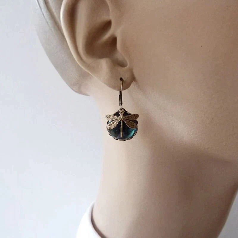 Round Dragonfly Earrings in Vintage Gold