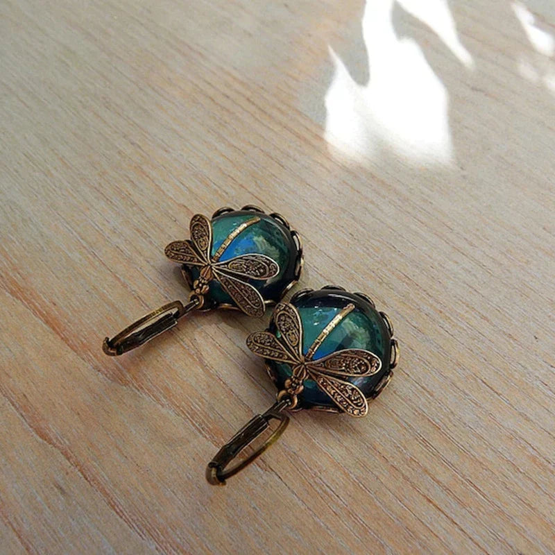 Round Dragonfly Earrings in Vintage Gold