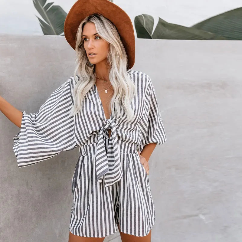 Leopard Bowknot Wide Leg Romper Overalls Casual Loose Summer V Neck Playsuits Short Jumpsuits Pockets One-piece Jumpsuit A1430