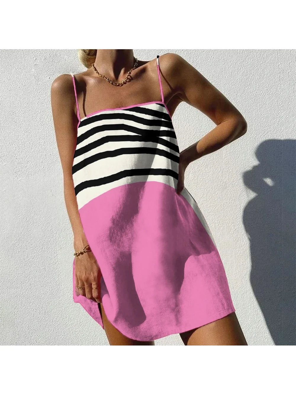Pink Striped Splicing Suspender Skirt Vibrant Girl Fashion Straight Skirt Chic Casual Loose Cotton Beachwear Soft Dating Clothin