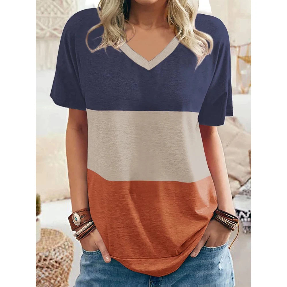 Lena - Striped V-Neck Pullover T-Shirt
