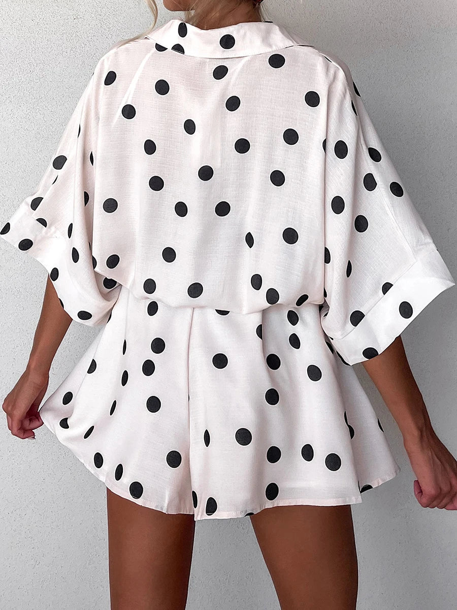 Women's Summer Shorts Jumpsuits Heart/Tree/Dot Print Short Sleeve Lapel Button Dwon Loose Rompers Casual Playsuits Beach Street