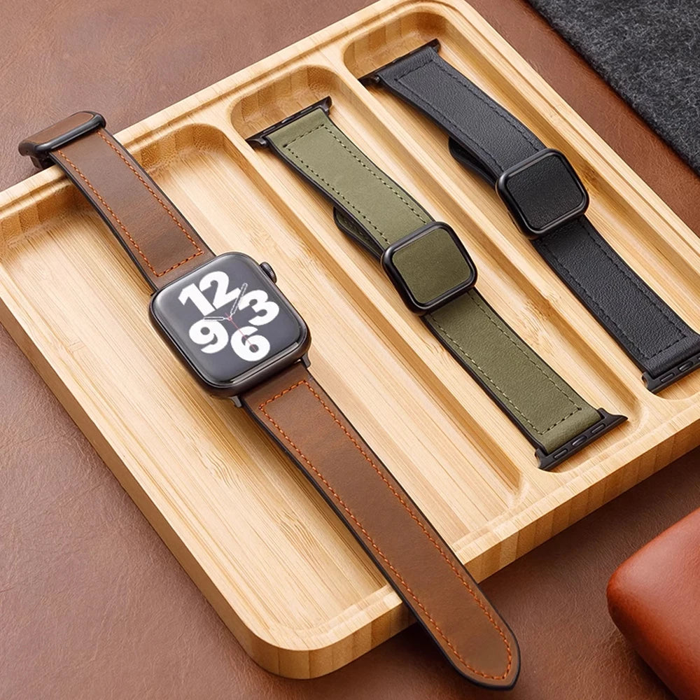 Leather Strap for Apple Watch 10 Band 46mm 44mm 45mm 49mm 42mm 40/41mm Magnetic Loop Bracelet Men iWatch Ultra Series 9 8 SE 7 6