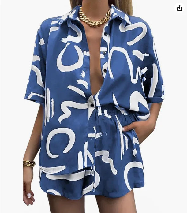 Nina - Chic Print Shirt & Shorts Set