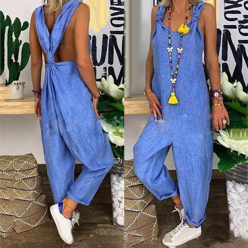 Amelia - Backless Knotted Dungaree Jumpsuit