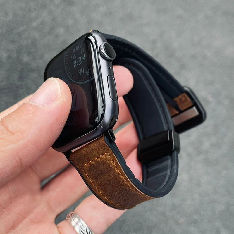 Leather Strap for Apple Watch 10 Band 46mm 44mm 45mm 49mm 42mm 40/41mm Magnetic Loop Bracelet Men iWatch Ultra Series 9 8 SE 7 6