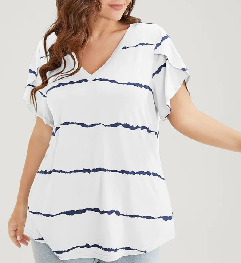 Sophia – Striped Ruffle Sleeve V-Neck Blouse