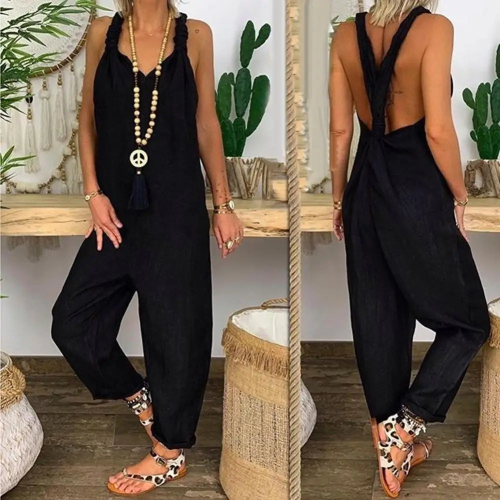 Amelia - Backless Knotted Dungaree Jumpsuit