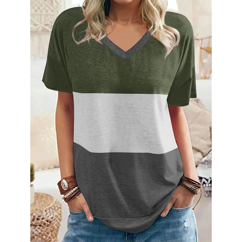Lena - Striped V-Neck Pullover T-Shirt