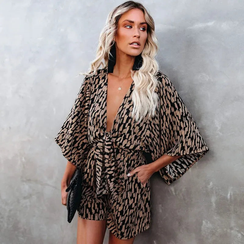Leopard Bowknot Wide Leg Romper Overalls Casual Loose Summer V Neck Playsuits Short Jumpsuits Pockets One-piece Jumpsuit A1430
