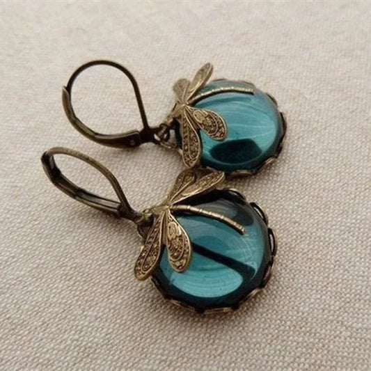 Round Dragonfly Earrings in Vintage Gold