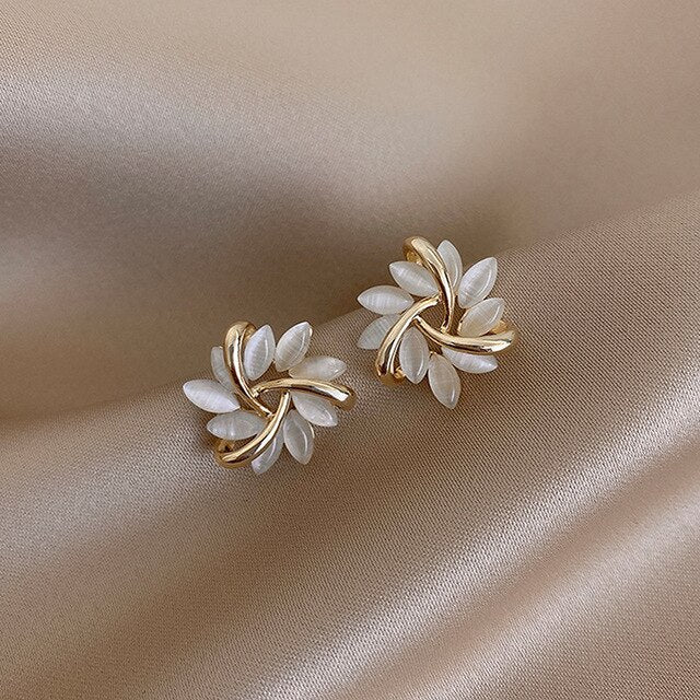 Elegant White Opal Gold Earrings