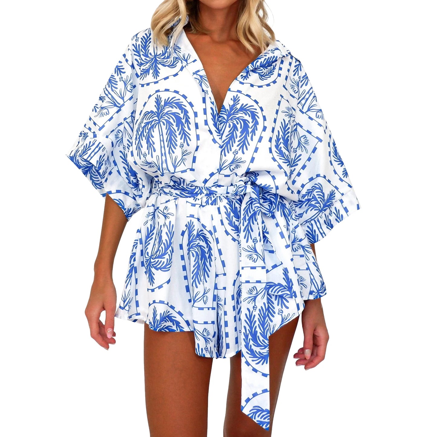 Women's Summer Shorts Jumpsuits Heart/Tree/Dot Print Short Sleeve Lapel Button Dwon Loose Rompers Casual Playsuits Beach Street