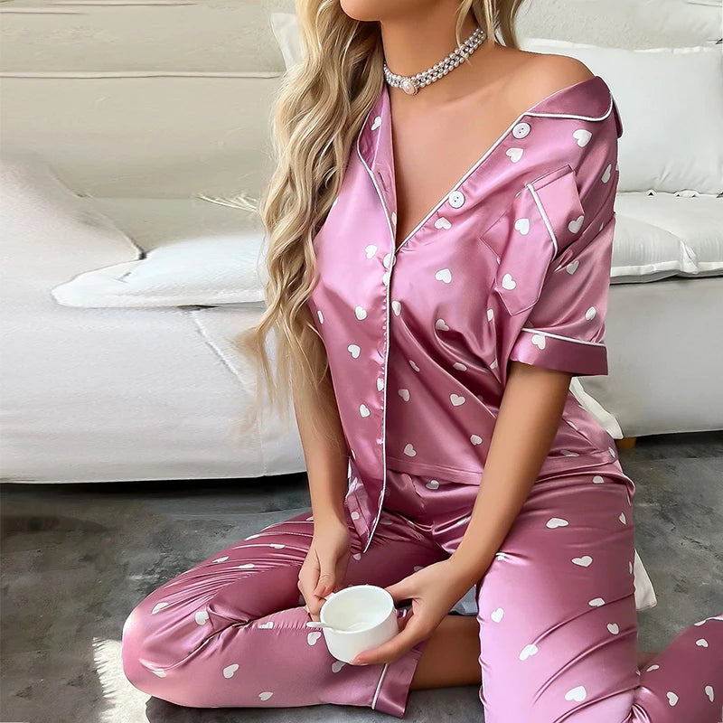 Amora - Heart Print Satin Pajama Set