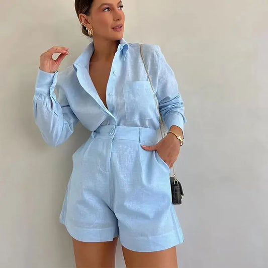 Elena – Elegant Button-Up Shirt & Shorts Set