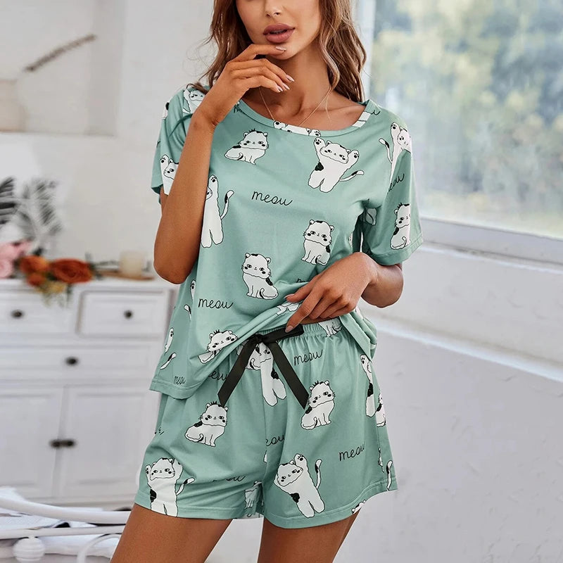 Luna - Cartoon Cat Print Pajama Set