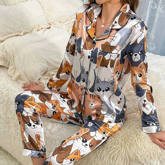 Luna - Cute Cat Print Satin Pajama Set