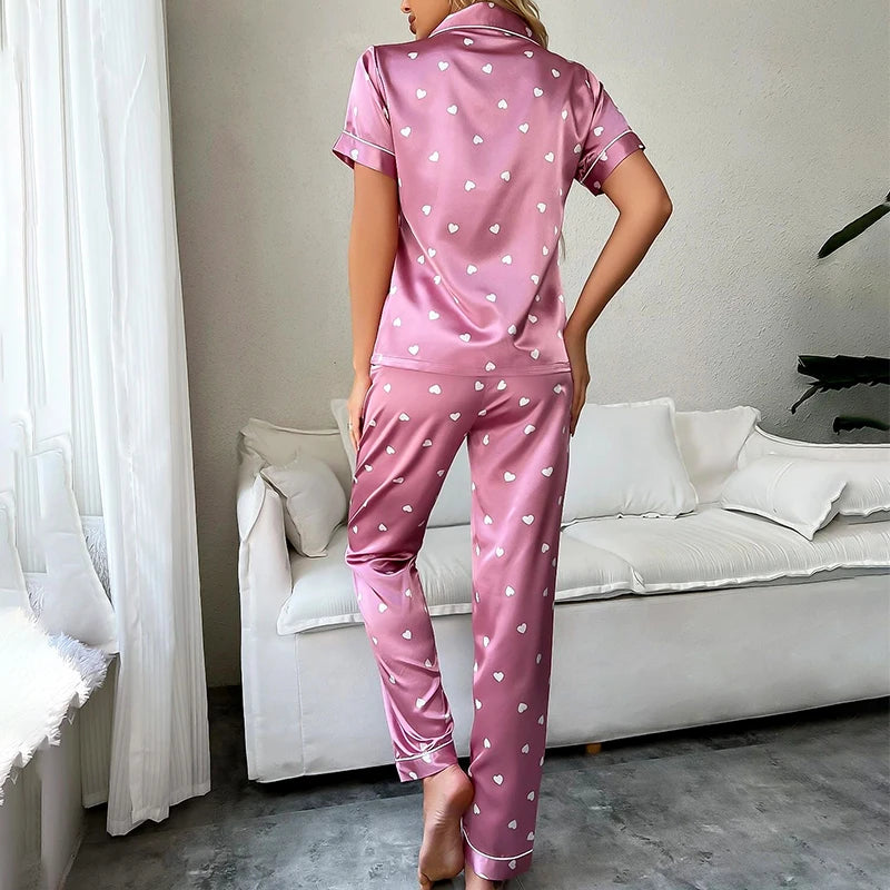 Amora - Heart Print Satin Pajama Set