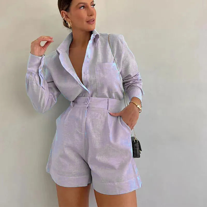 Elena – Elegant Button-Up Shirt & Shorts Set