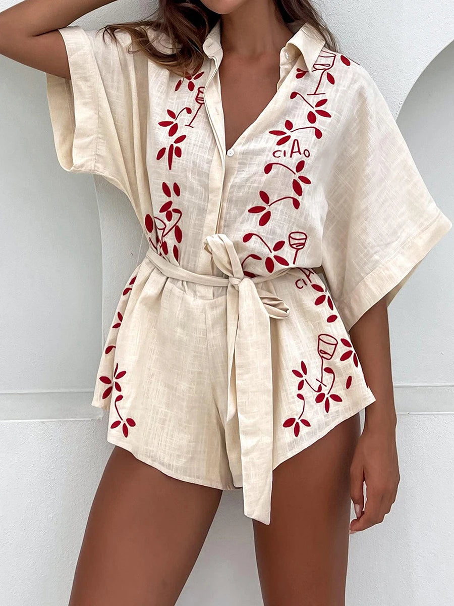 Women's Summer Shorts Jumpsuits Heart/Tree/Dot Print Short Sleeve Lapel Button Dwon Loose Rompers Casual Playsuits Beach Street