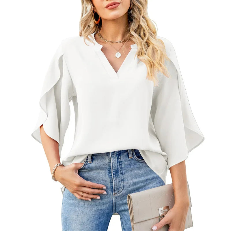 Lily - Chiffon V-Neck Flare Sleeve Blouse