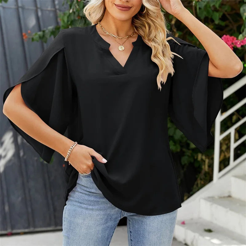 Lily - Chiffon V-Neck Flare Sleeve Blouse