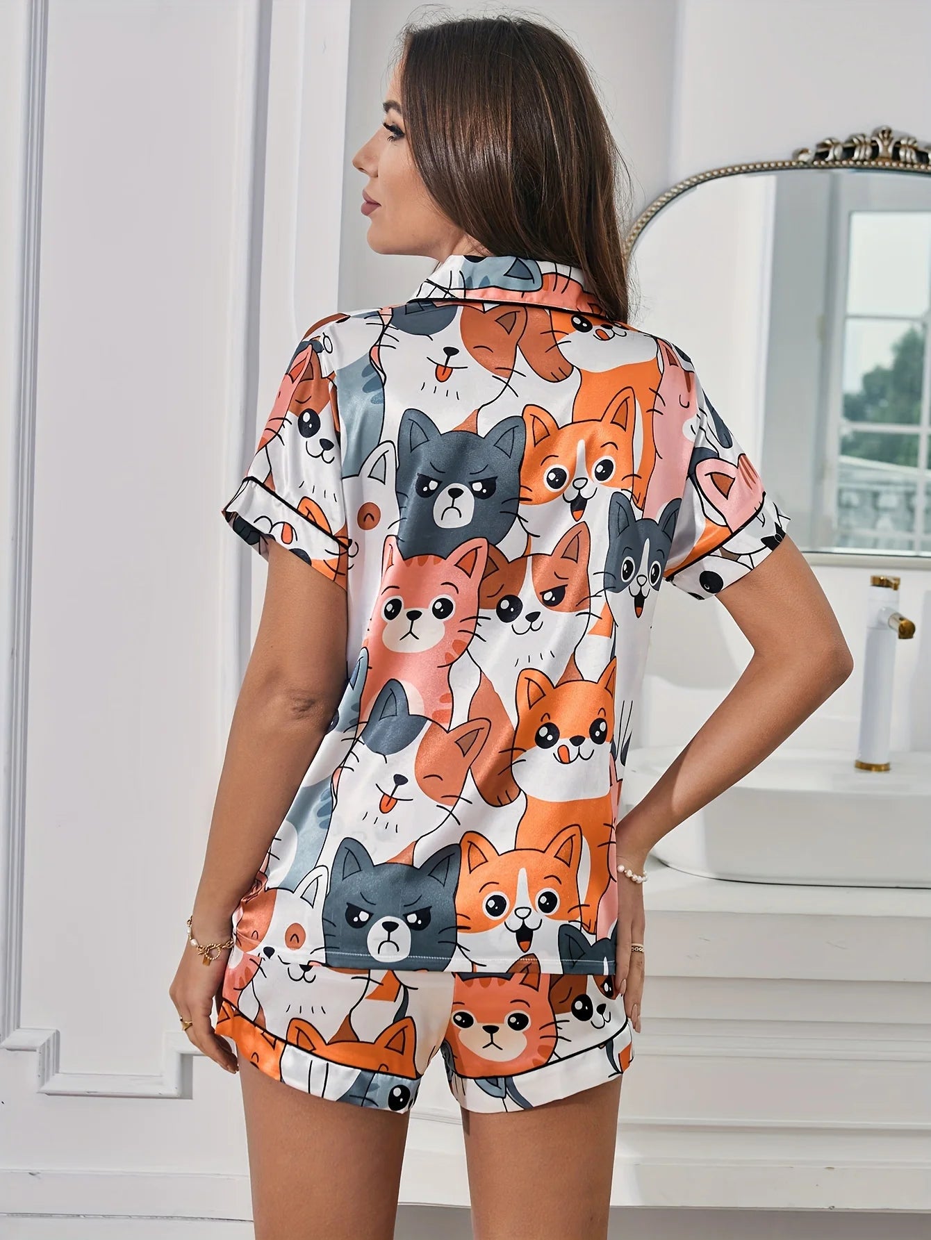 Bella - Cute Cat & Puppy Print Satin Pajama Set