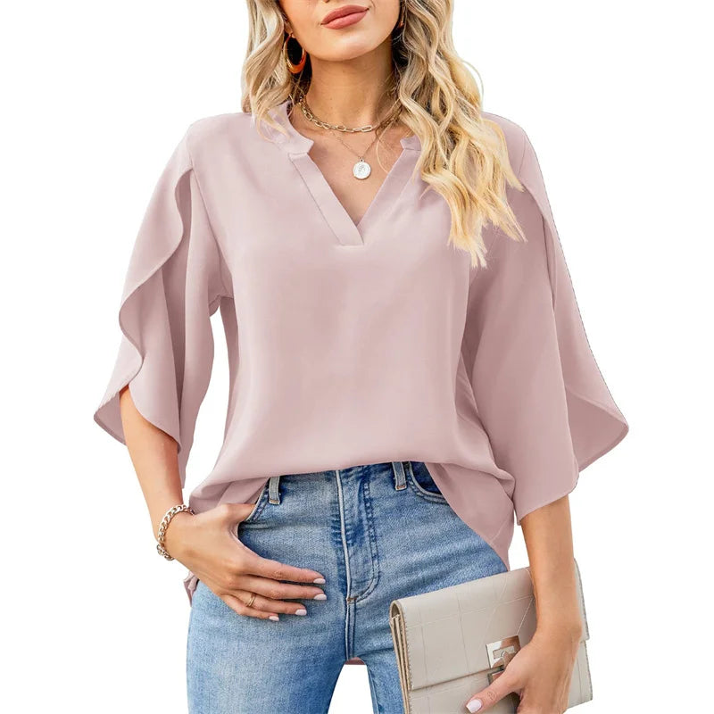 Lily - Chiffon V-Neck Flare Sleeve Blouse