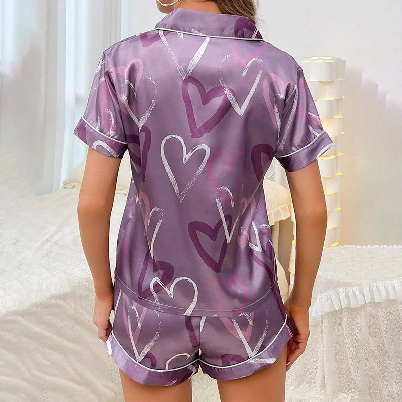 Evelina - Heart Print Satin Pajama Set