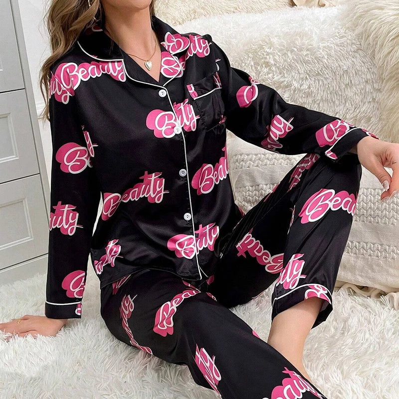 Luna - Cute Cat Print Satin Pajama Set