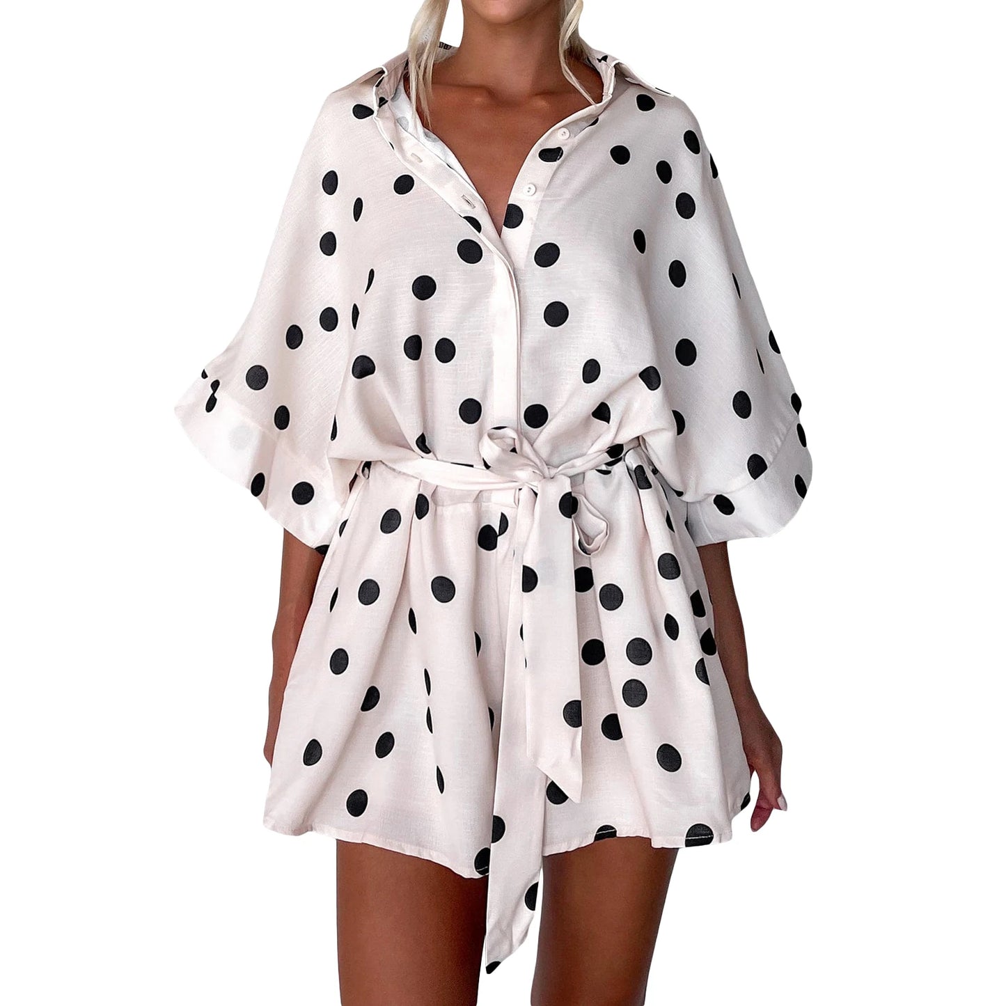 Women's Summer Shorts Jumpsuits Heart/Tree/Dot Print Short Sleeve Lapel Button Dwon Loose Rompers Casual Playsuits Beach Street