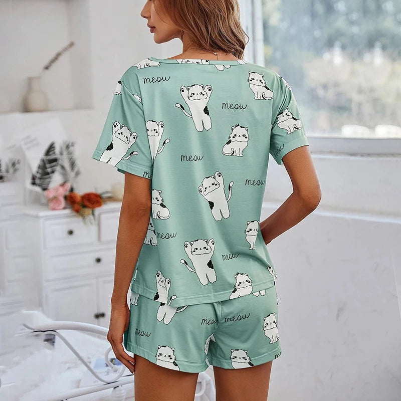 Luna - Cartoon Cat Print Pajama Set