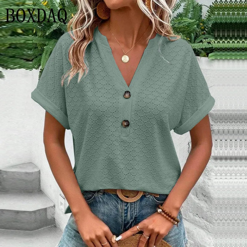 Jade - Jacquard V-Neck Button Blouse