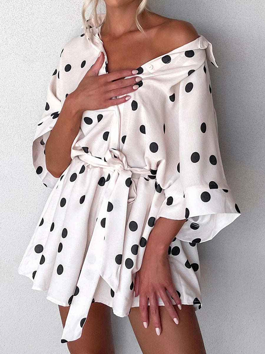 Women's Summer Shorts Jumpsuits Heart/Tree/Dot Print Short Sleeve Lapel Button Dwon Loose Rompers Casual Playsuits Beach Street