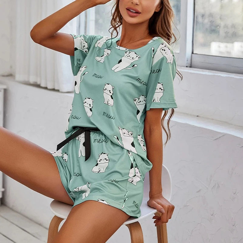 Luna - Cartoon Cat Print Pajama Set