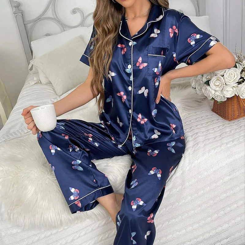 Seraphina - Satin Butterfly Print Pajama Set