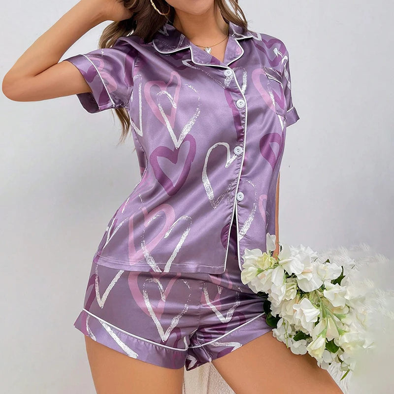 Evelina - Heart Print Satin Pajama Set