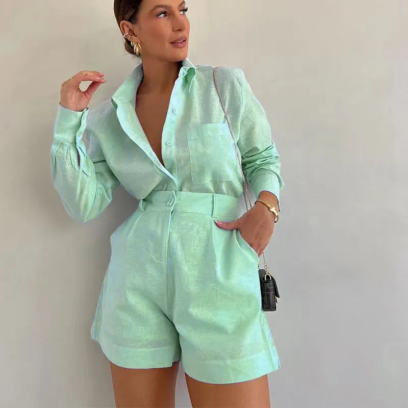 Elena – Elegant Button-Up Shirt & Shorts Set