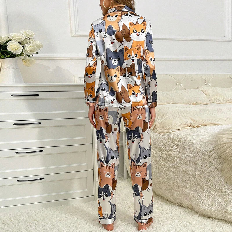 Luna - Cute Cat Print Satin Pajama Set