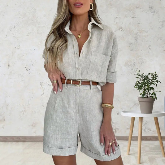 Olivia – Chic Belted Shirt & Shorts Set