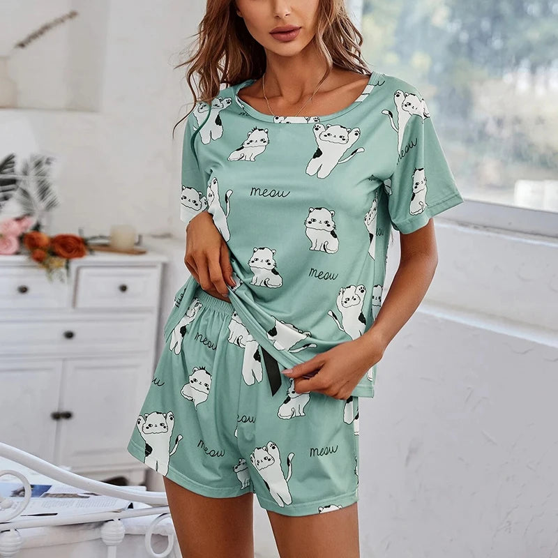 Luna - Cartoon Cat Print Pajama Set