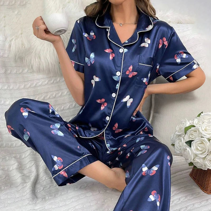 Seraphina - Satin Butterfly Print Pajama Set