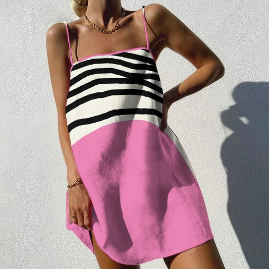 Pink Striped Splicing Suspender Skirt Vibrant Girl Fashion Straight Skirt Chic Casual Loose Cotton Beachwear Soft Dating Clothin