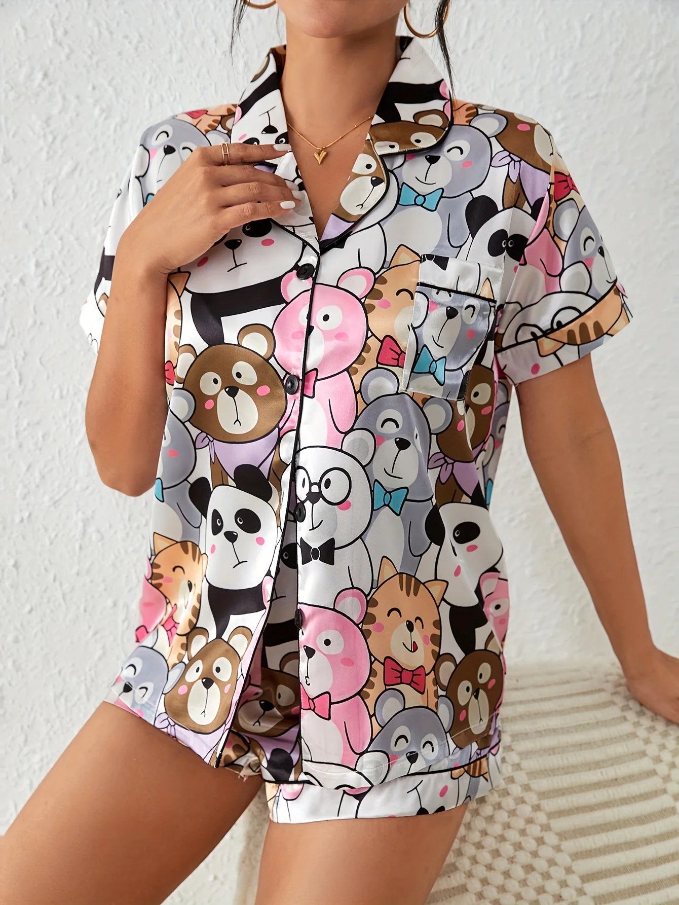 Luna - Cute Cartoon Satin Pajama Set