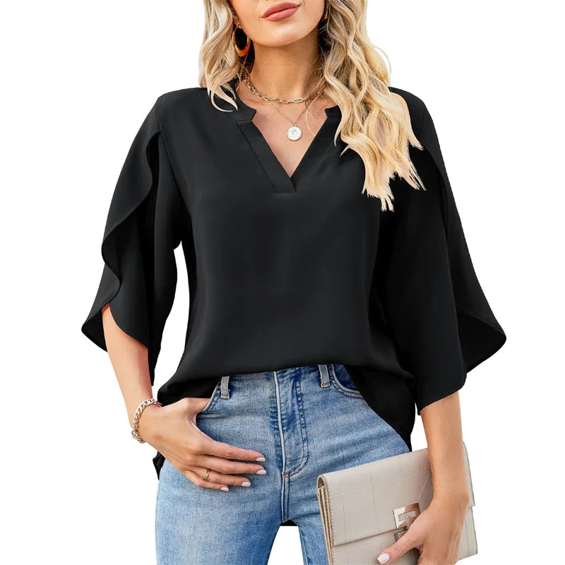 Lily - Chiffon V-Neck Flare Sleeve Blouse